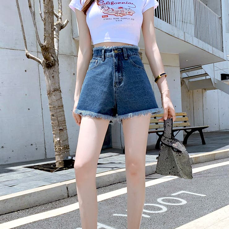 フリンジハイウエストショートパンツ デニム ショーパン[品番