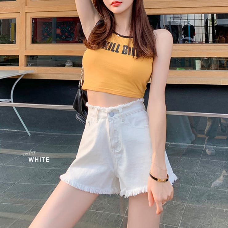 フリンジハイウエストショートパンツ デニム ショーパン[品番