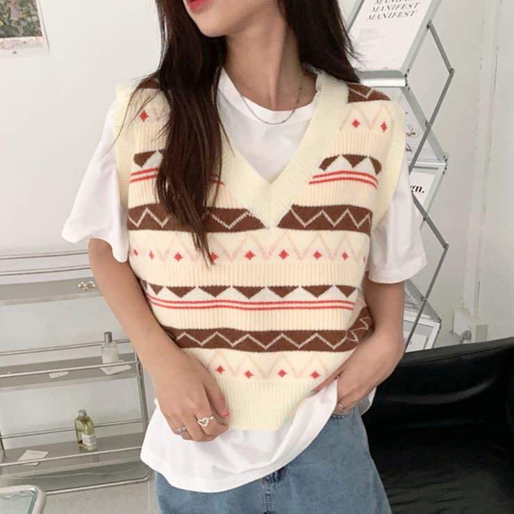 Vネックニットベスト ノルディック柄 重ね着[品番：NETW0000808