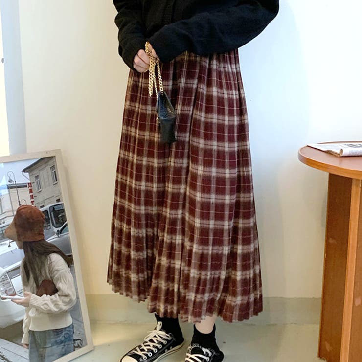 チェック柄スカート ロングスカート フレアスカート[品番