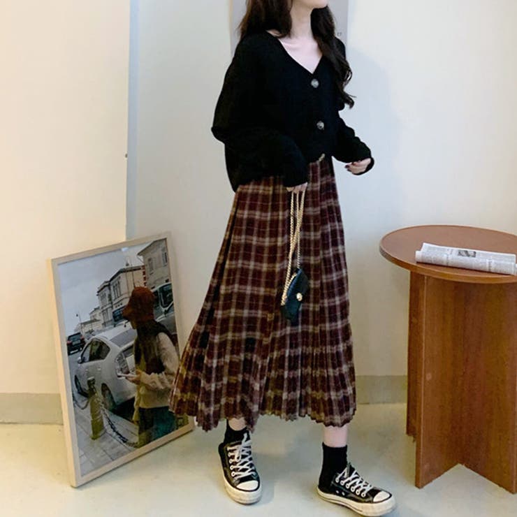 チェック柄スカート ロングスカート フレアスカート[品番