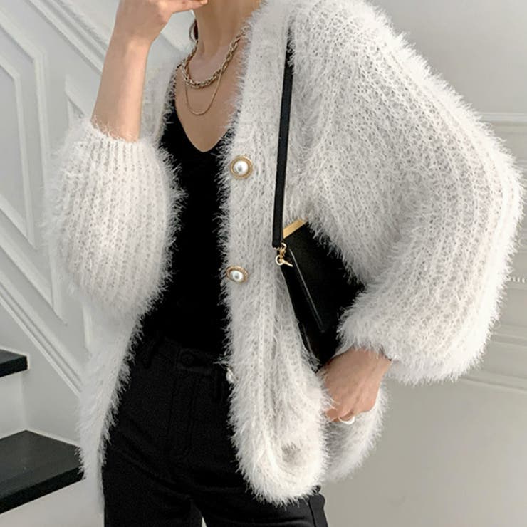 シャギーニット　ガウン Handmade chunky knit cardigan | Sheba Cardigan Sweater- Powder