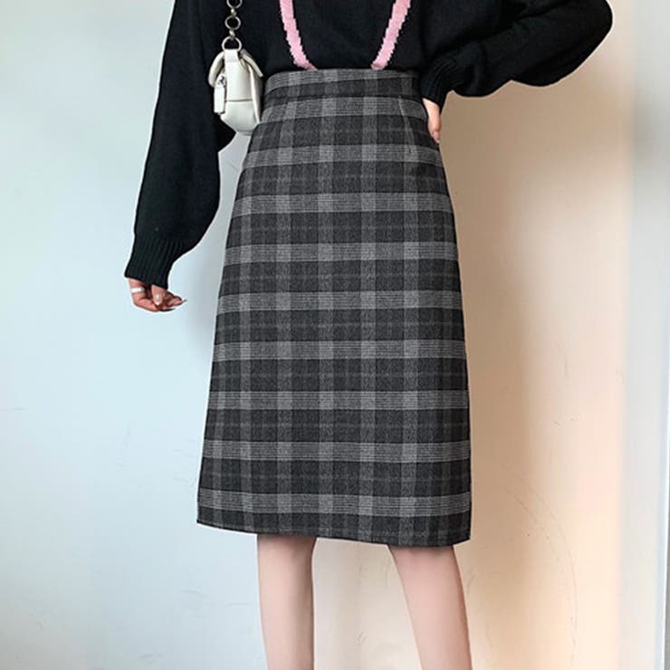 バックスリットチェックスカート ハイウエスト 膝丈スカート