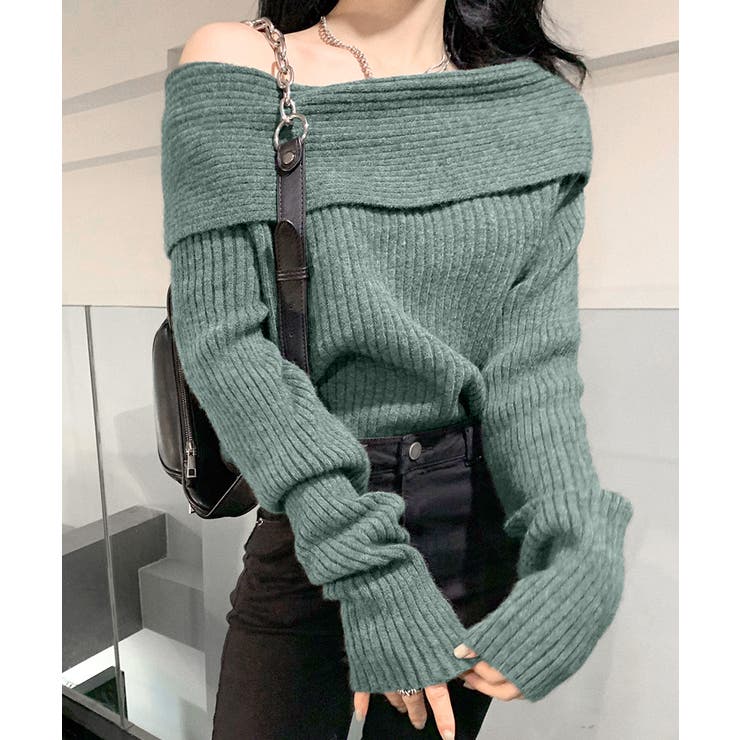 ブルーグリーン | オフショルニットトップス オフショルダー オフタートル | Riff