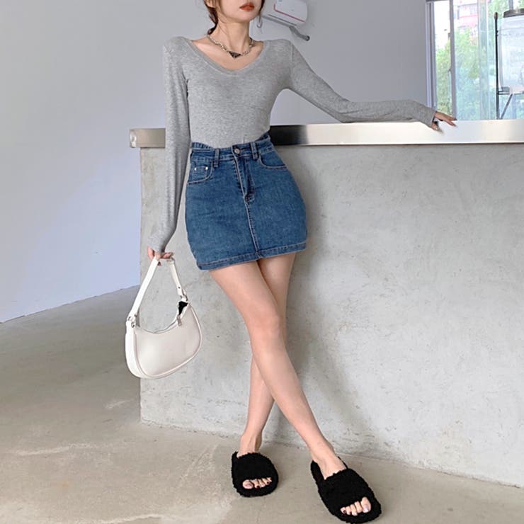 バックリボンデニムミニスカート ショート丈スカート ボトム[品番 