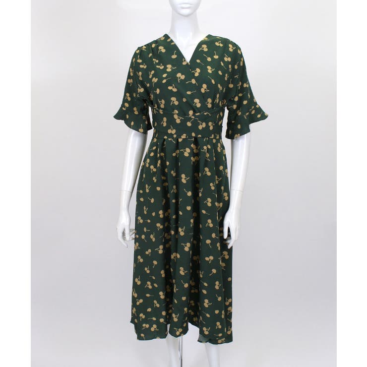 大人可愛い チェリー柄カシュクールワンピース ロングワンピース[品番