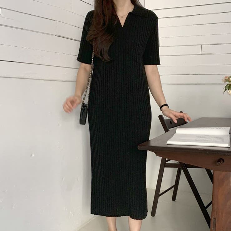 ブラック | ポロシャツ風が新鮮 襟付きリブワンピース リブ編み | Riff