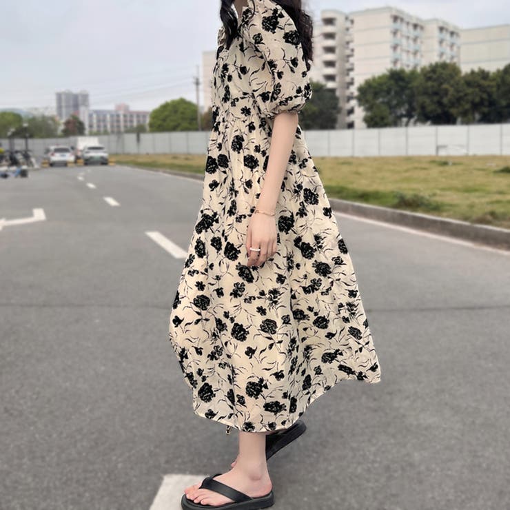 花柄ロングワンピース シフォンワンピース フレアワンピース[品番