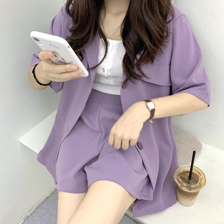 【三姉妹】半袖セット レディース M ラベンダー セットアップ 半袖ジャケット+ショートパンツ 2点セット[品番