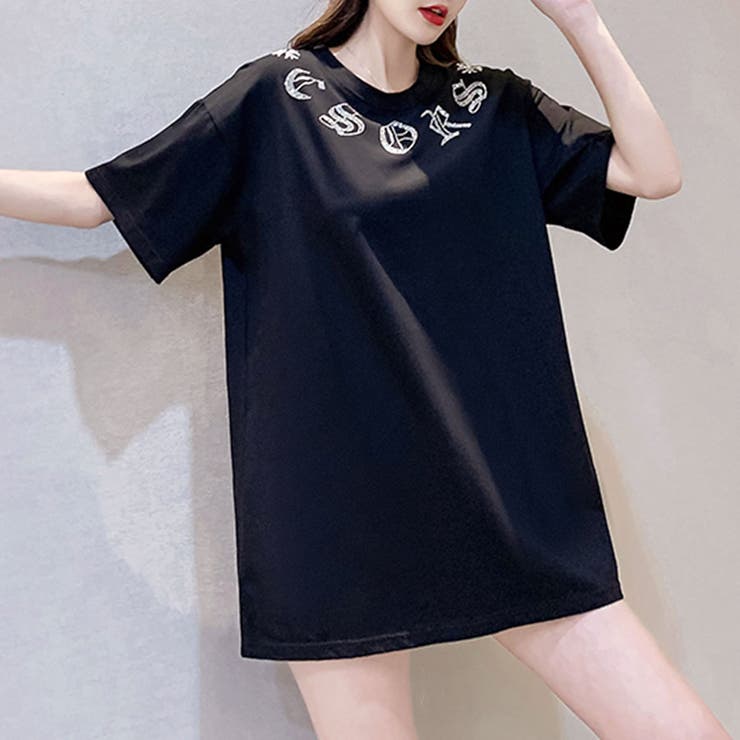 ストリートコーデの主役に クロスラインストーンTシャツ ロンT[品番