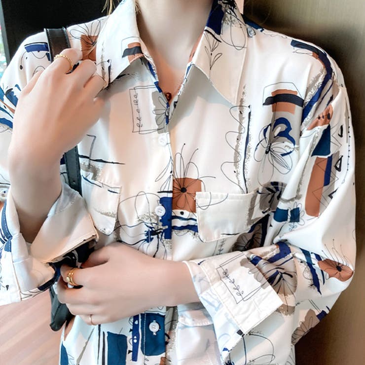 存在感のある総柄プリント 柄シャツ レトロ[品番：NETW0001304