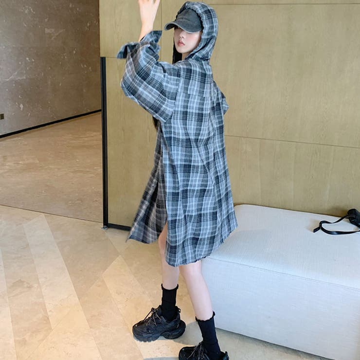 フード付きチェックBIGシャツ ゆるシャツ 羽織り[品番