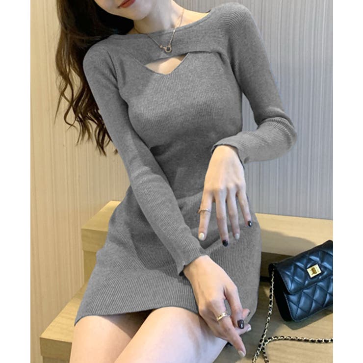 胸元のカッティングデザインがポイント ニットワンピース リブニット | Riff | 詳細画像12 