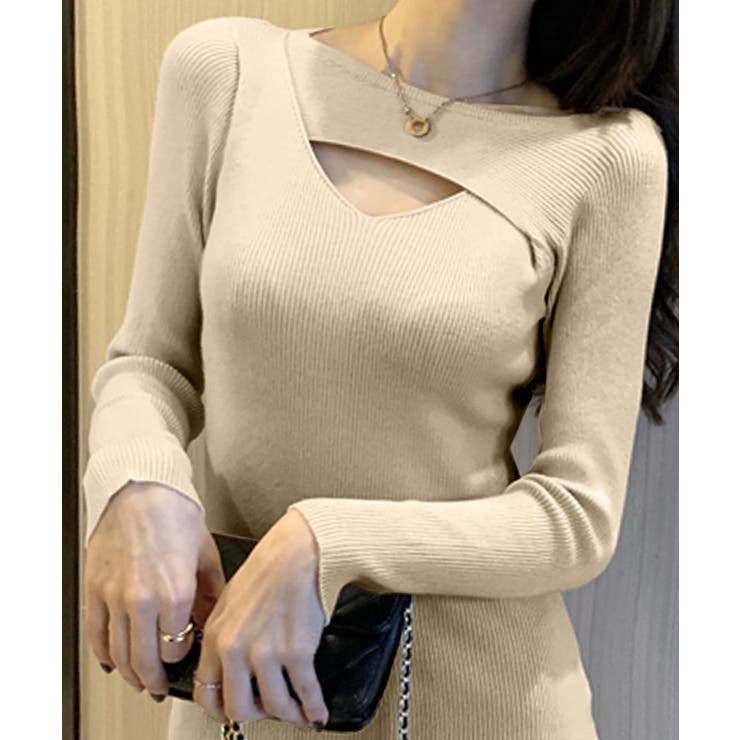 胸元のカッティングデザインがポイント ニットワンピース リブニット | Riff | 詳細画像3 