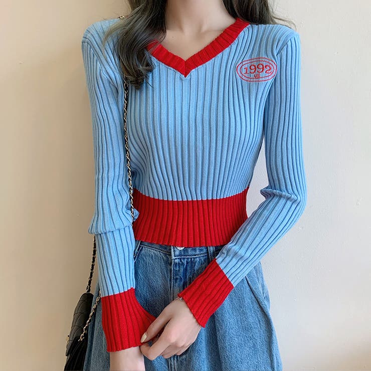 ブルー | ビタミンカラーの配色が可愛い バイカラーVネックリブニット ショート丈 | Riff