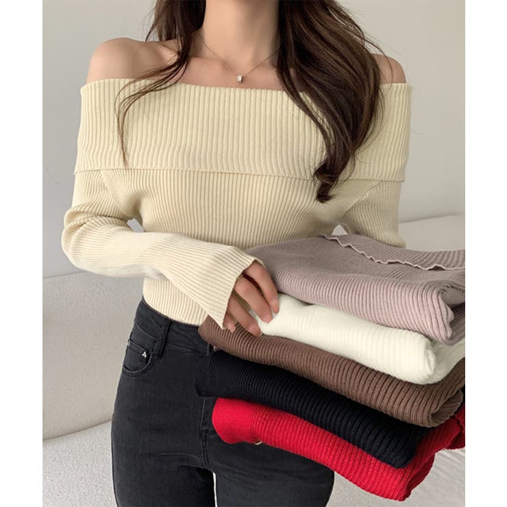 ベージュ | 華奢見え オフショルリブニット リブ編み | Riff