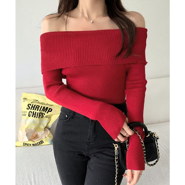 レッド | 華奢見え オフショルリブニット リブ編み | Riff