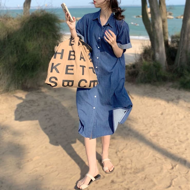 サラリとした夏デニムワンピ デニムシャツワンピース ロング