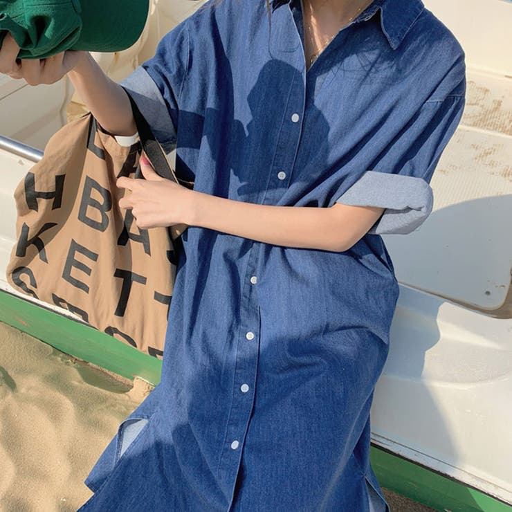 サラリとした夏デニムワンピ デニムシャツワンピース ロング