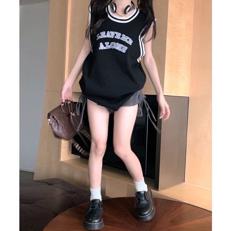 ダブルラインデザインが映える タンクトップ ロゴ刺繍[品番