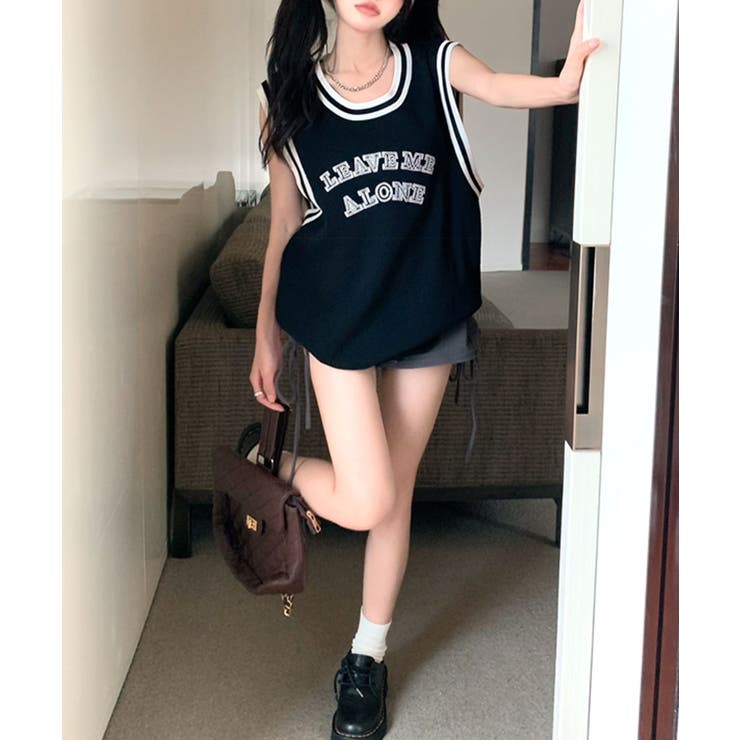 ダブルラインデザインが映える タンクトップ ロゴ刺繍[品番