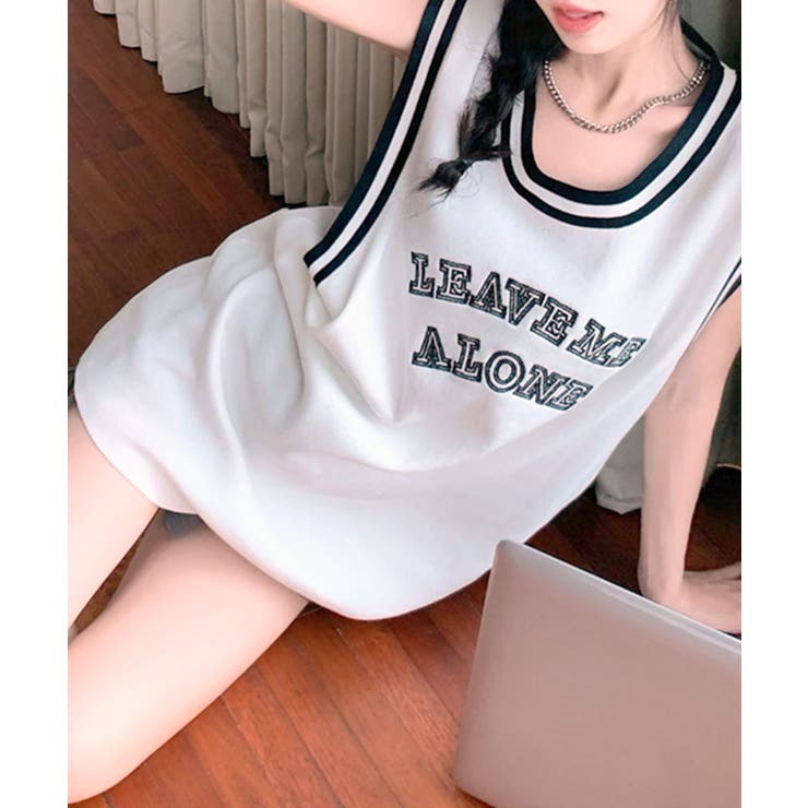 ダブルラインデザインが映える タンクトップ ロゴ刺繍[品番