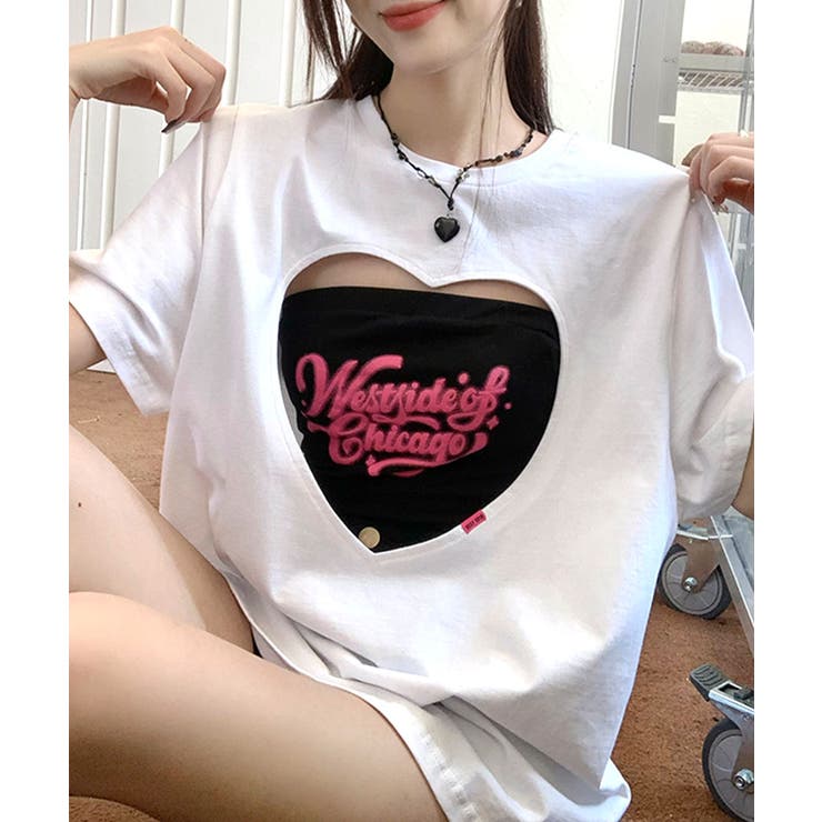 ハートくり抜きTシャツ+ベアトップ アンサンブル ロゴプリント[品番