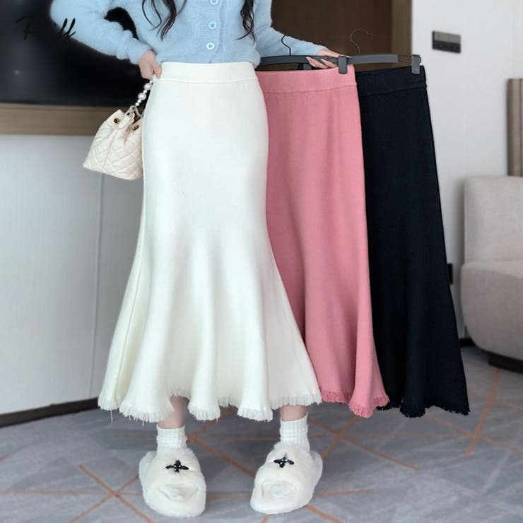 マーメイドニットスカート 裾フリンジ ロングスカート[品番