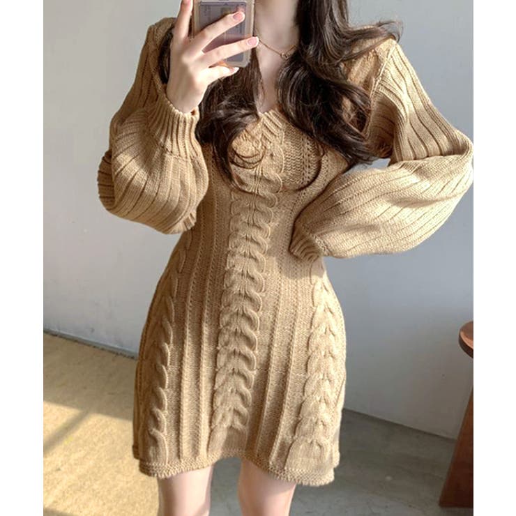 ケーブルニットミニワンピース ケーブル編み Vネック | Riff | 詳細画像10 