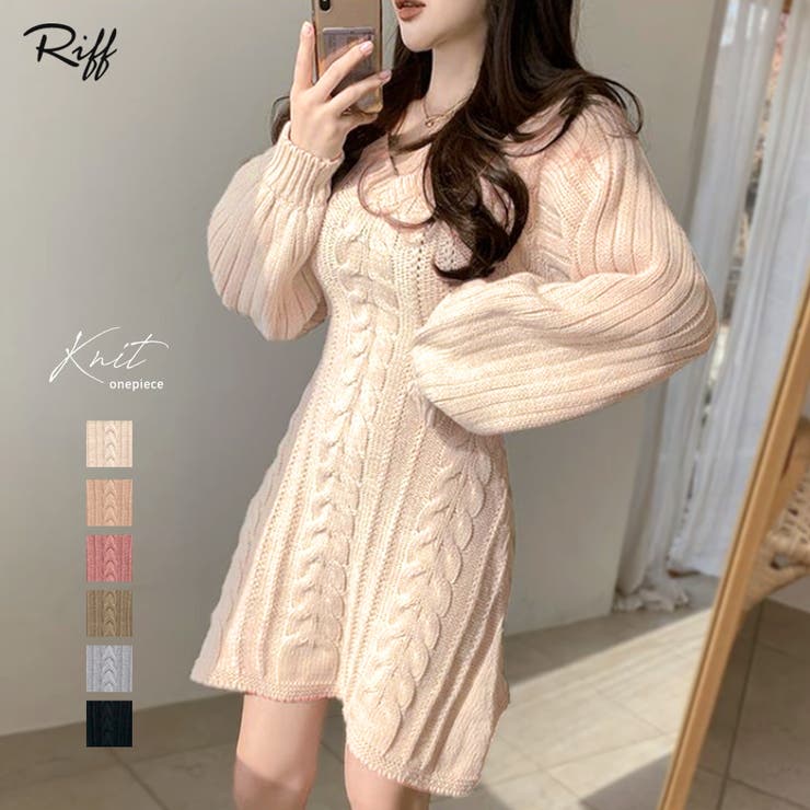 ケーブルニットミニワンピース ケーブル編み Vネック | Riff | 詳細画像1 