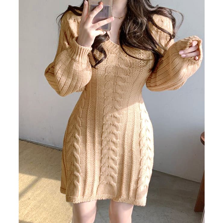 ピンクベージュ | ケーブルニットミニワンピース ケーブル編み Vネック | Riff