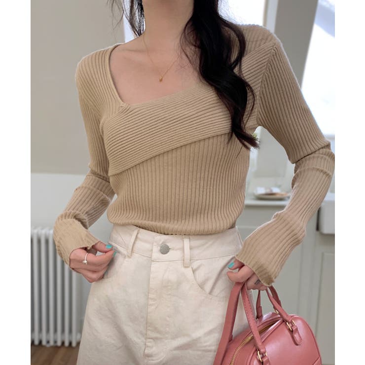 ブラウン | デコルテ見せニット リブニット Tシャツ | Riff