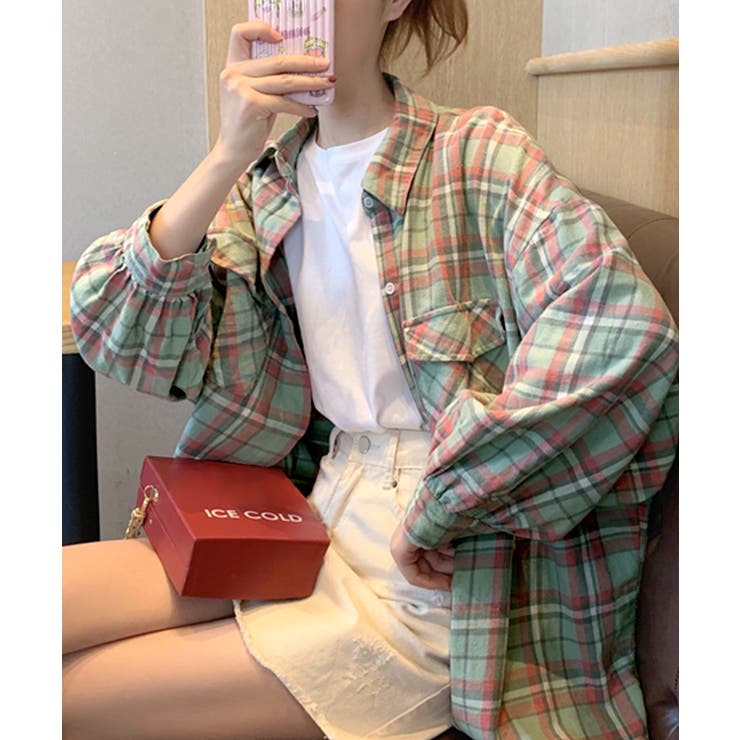 tablet hotel オーバーサイズ　チェックシャツ　カーキ色 LIMITEDオーバーサイズチェックシャツ（GREEN×BURGUNDY