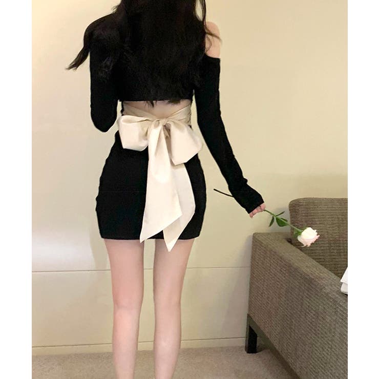 BACKリボン付きミニワンピース ウエスト見せ ミニワンピース