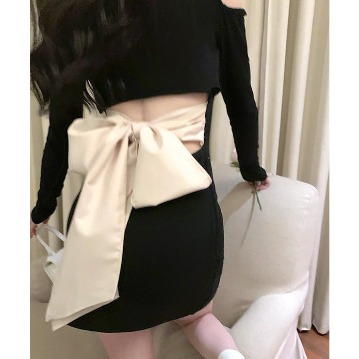 BACKリボン付きミニワンピース ウエスト見せ ミニワンピース