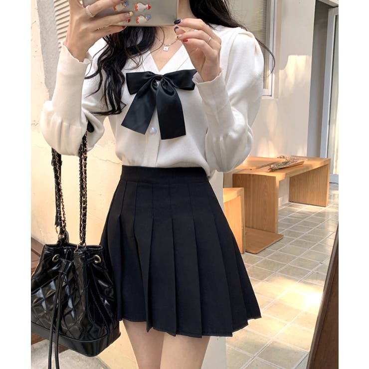 リボン付きVネックカーディガン ニットカーディガン パフスリーブ | Riff | 詳細画像10 