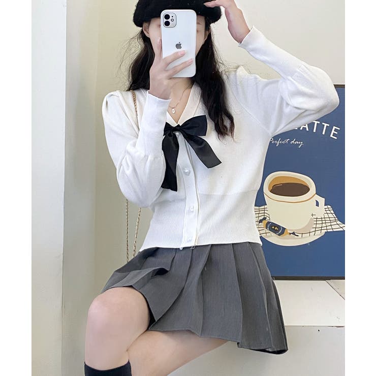 リボン付きVネックカーディガン ニットカーディガン パフスリーブ | Riff | 詳細画像12 