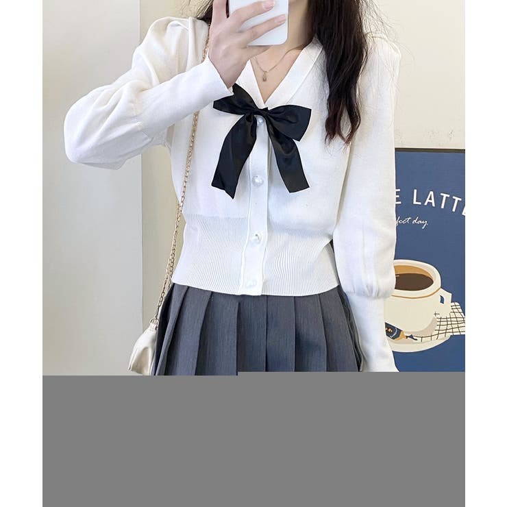 リボン付きVネックカーディガン ニットカーディガン パフスリーブ | Riff | 詳細画像13 