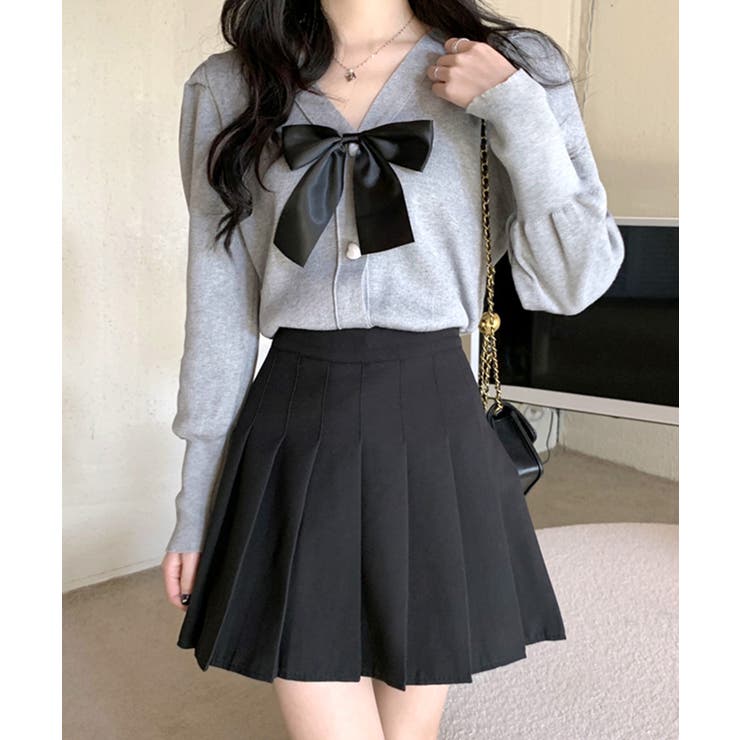 リボン付きVネックカーディガン ニットカーディガン パフスリーブ | Riff | 詳細画像14 