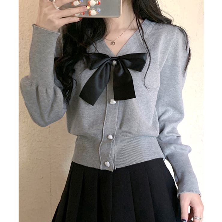 リボン付きVネックカーディガン ニットカーディガン パフスリーブ | Riff | 詳細画像16 