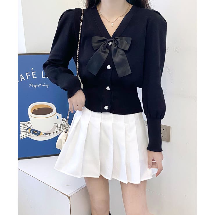 リボン付きVネックカーディガン ニットカーディガン パフスリーブ | Riff | 詳細画像7 