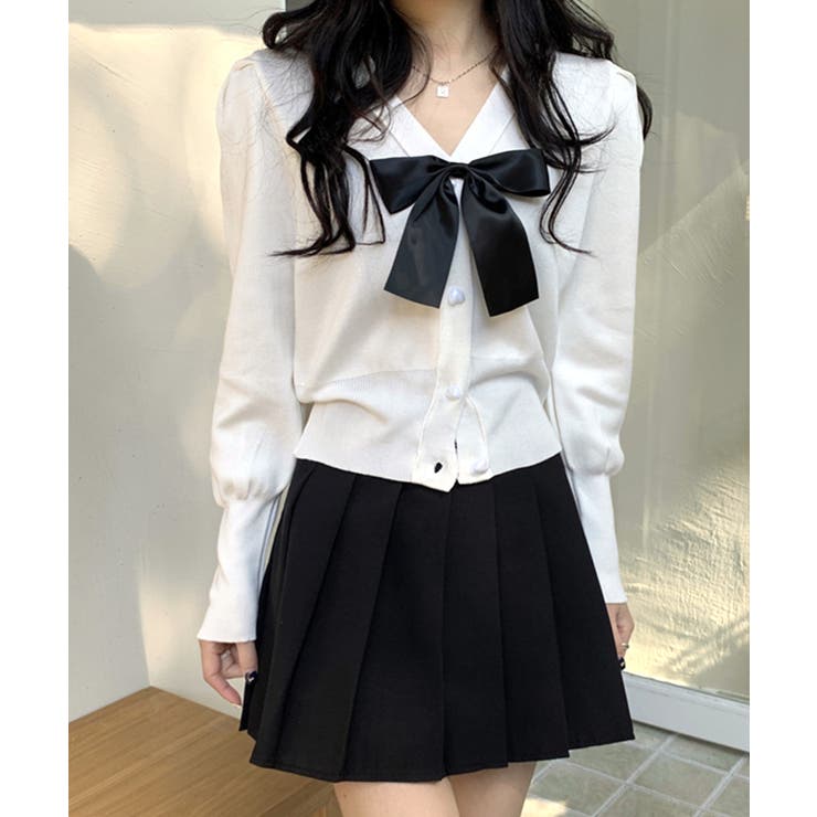 リボン付きVネックカーディガン ニットカーディガン パフスリーブ | Riff | 詳細画像8 