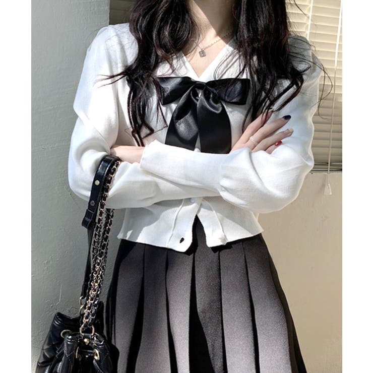 リボン付きVネックカーディガン ニットカーディガン パフスリーブ | Riff | 詳細画像9 