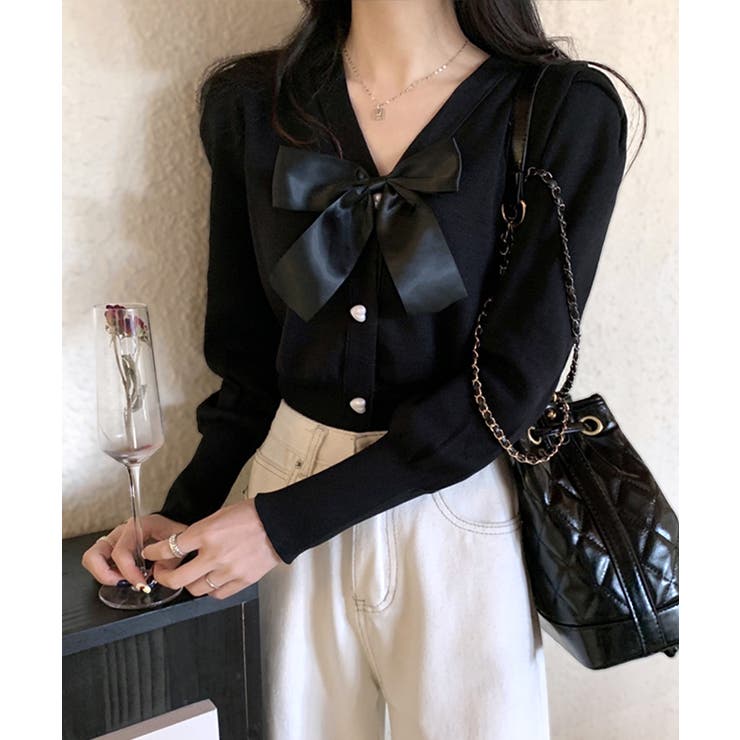 ブラック | リボン付きVネックカーディガン ニットカーディガン パフスリーブ | Riff