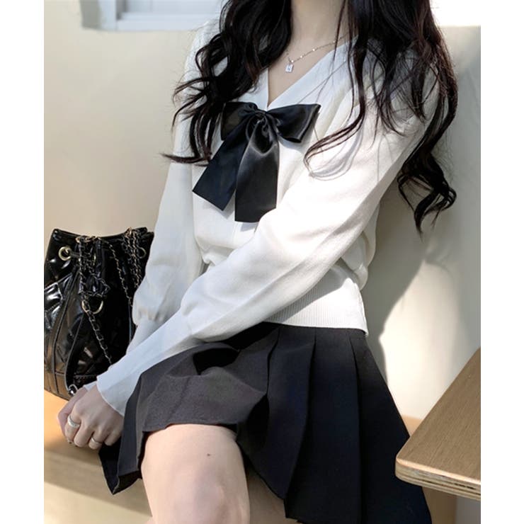 ホワイト | リボン付きVネックカーディガン ニットカーディガン パフスリーブ | Riff