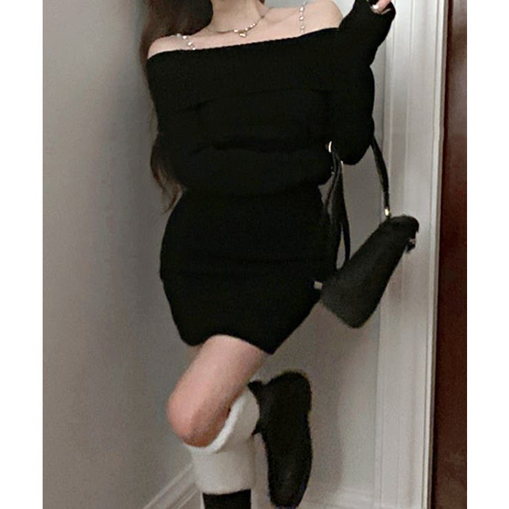ACNE - ACNE オフショル ニット ワンピース ブラック Olu.（オルドット）の「ランダムリブオフショルニットワンピース