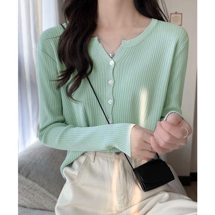 サックス | ラウンドネックリブカーディガン リブ編み ショート丈 | Riff