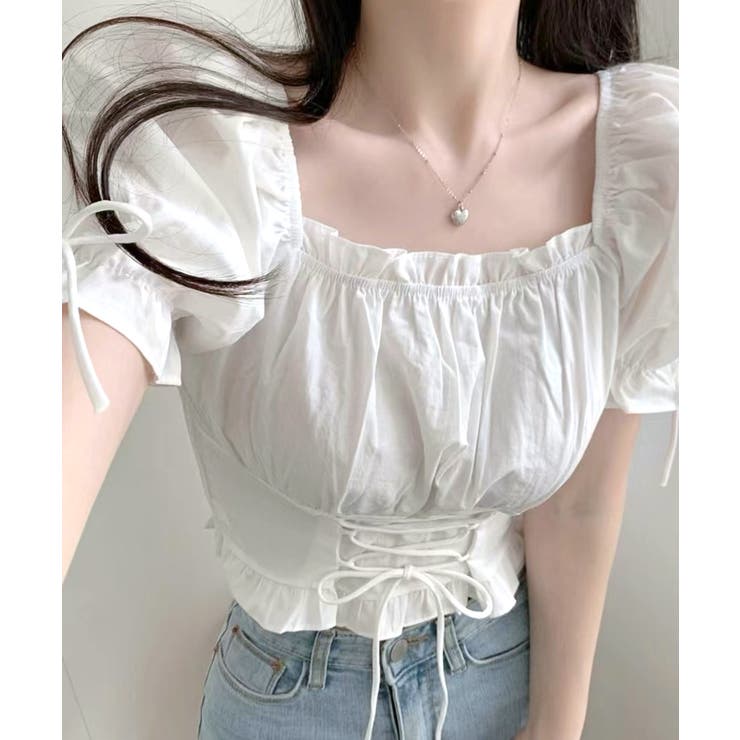 袖リボンスクエアネックトップス レースアップ パフスリーブ | Riff | 詳細画像3 