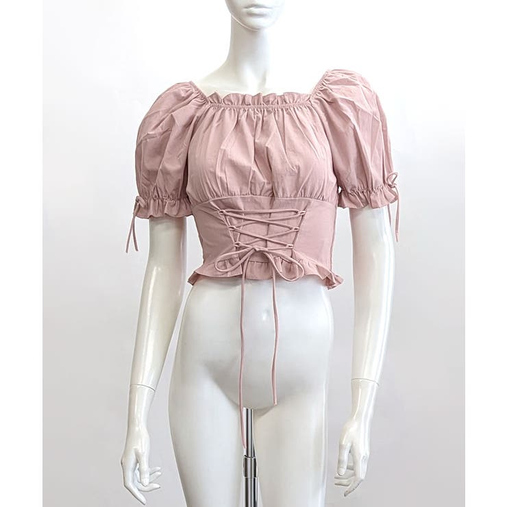 袖リボンスクエアネックトップス レースアップ パフスリーブ[品番