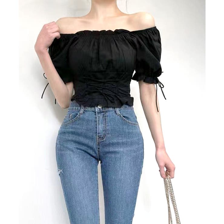 袖リボンスクエアネックトップス レースアップ パフスリーブ | Riff | 詳細画像18 